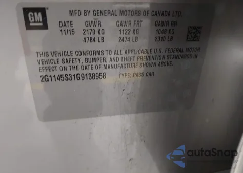 2016 Chevrolet Impala 2Lz из США, поврежденный, VIN 2G1145S31G9138958